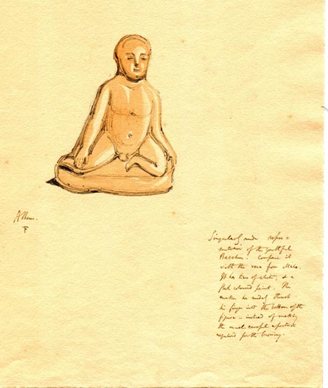 no number, terracotta figurine, figure sitting with legs under him, in imitation of the youthful Bacchus
